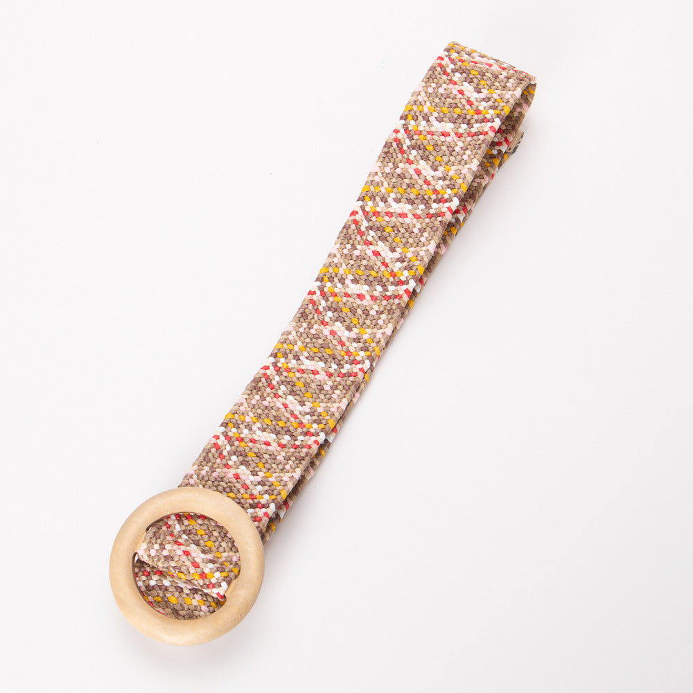 Woven Wooden Buckle Round Elastic Wide Bohemian Belts