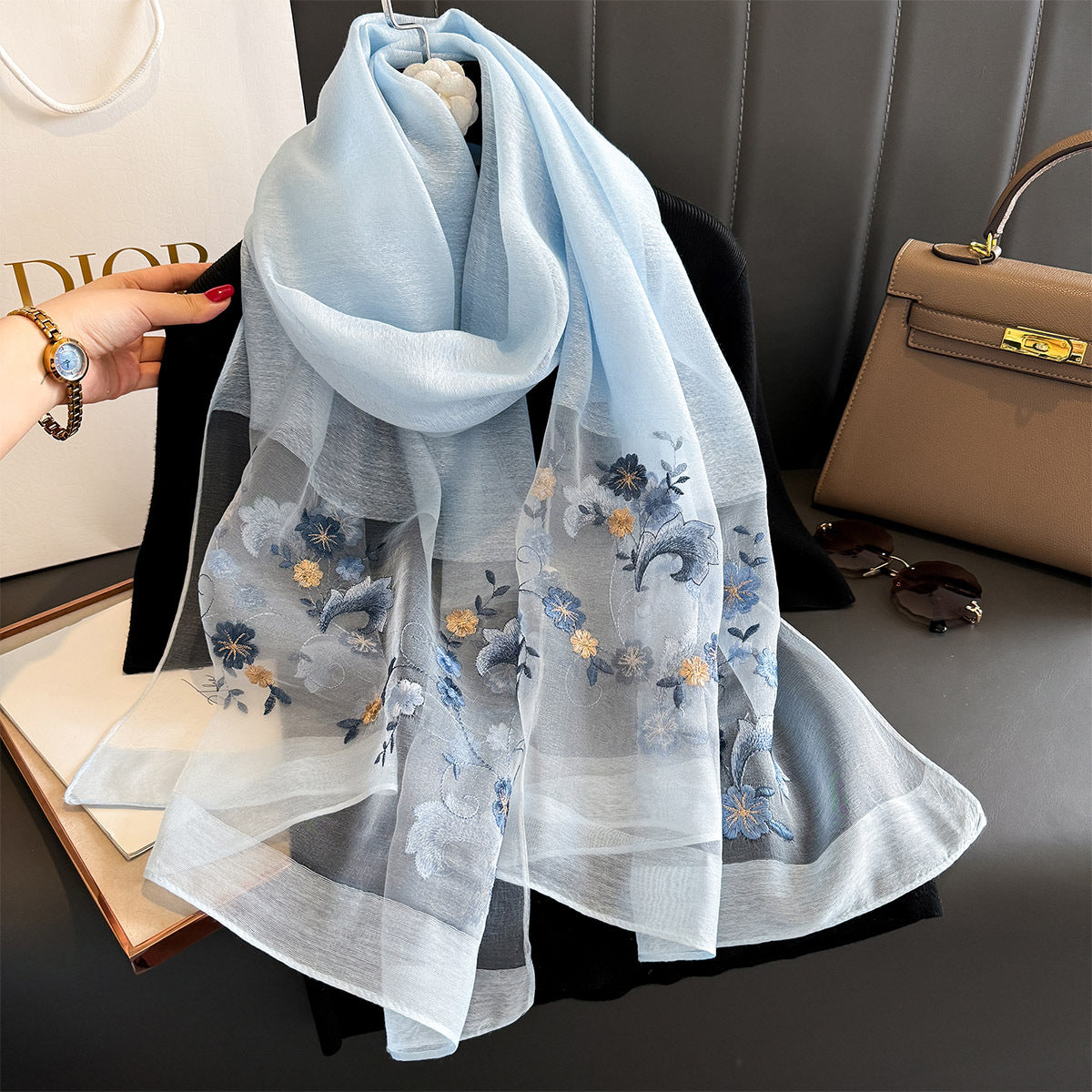 Women's Simple Embroidery Small Flower Artificial Silk Scarfs