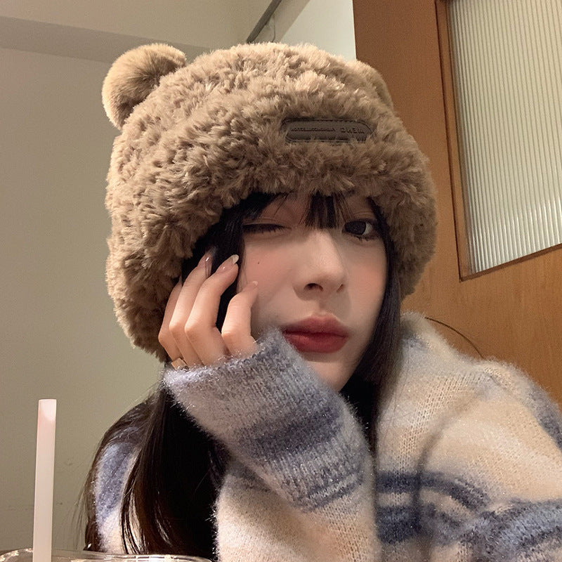 Women's Korean Warm Pairs Of Fur Ball Plush Big Hats & Caps