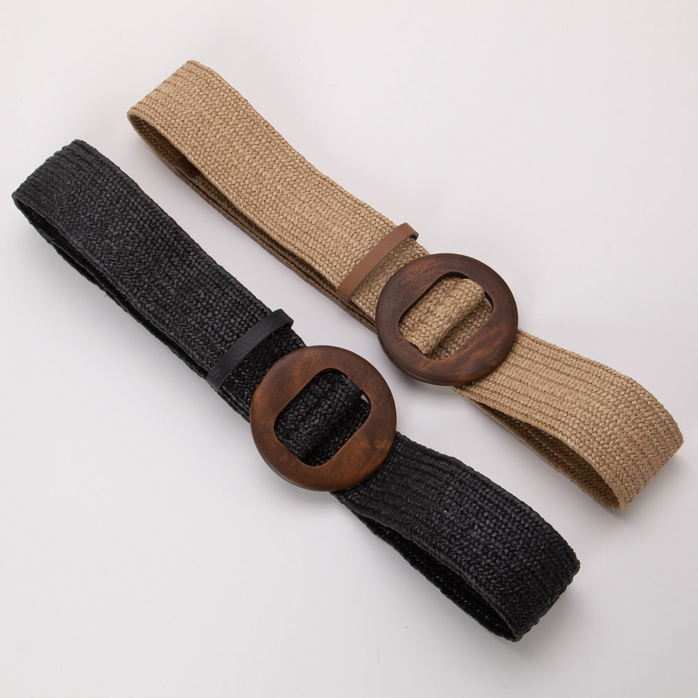 Woven Wooden Buckle Round Elastic Wide Bohemian Belts