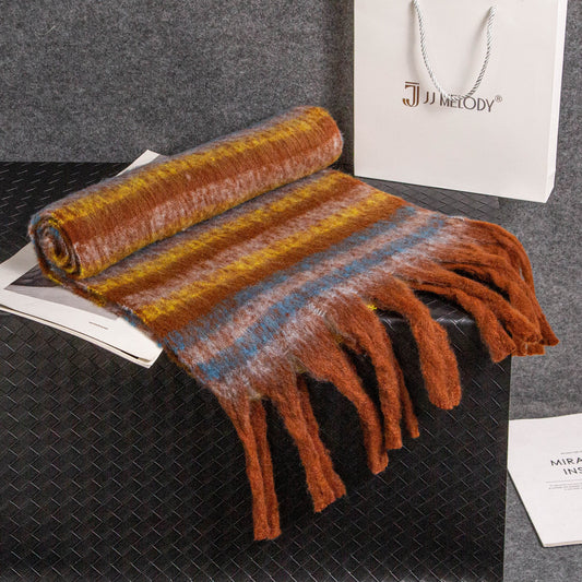 Women's Brown Retro Mixed Color Stripe Mohair Winter Scarfs