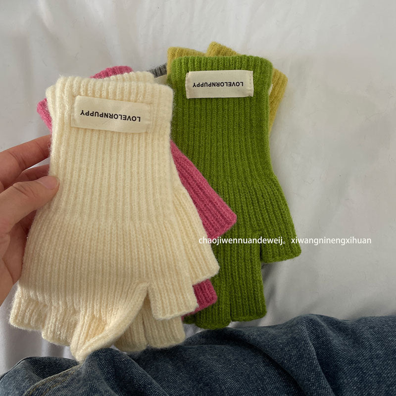 Solid Color Knitted Finger Half Warm Cute Gloves