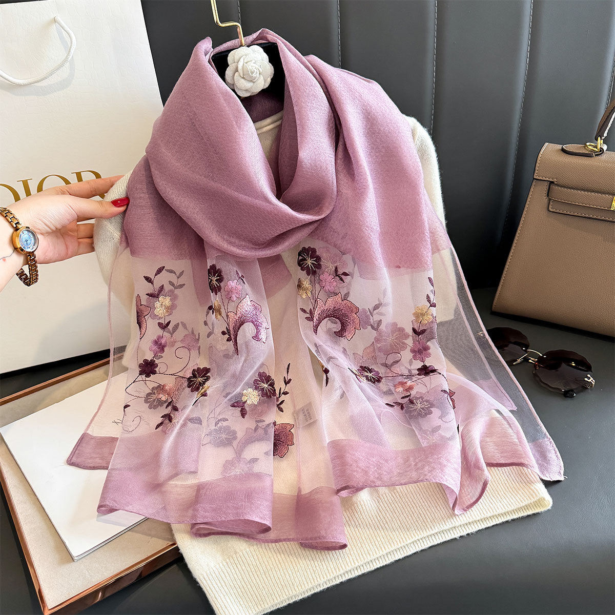 Women's Simple Embroidery Small Flower Artificial Silk Scarfs