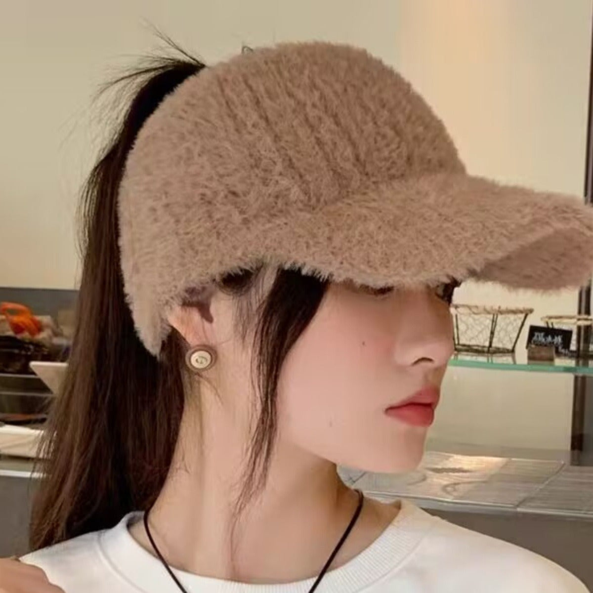 Women's Air Top Woolen Plain Face Ponytail Hats & Caps