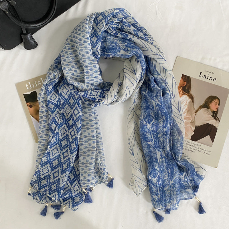 Women's Style Fresh Wooden Bead Tassel Printed Cotton Scarfs