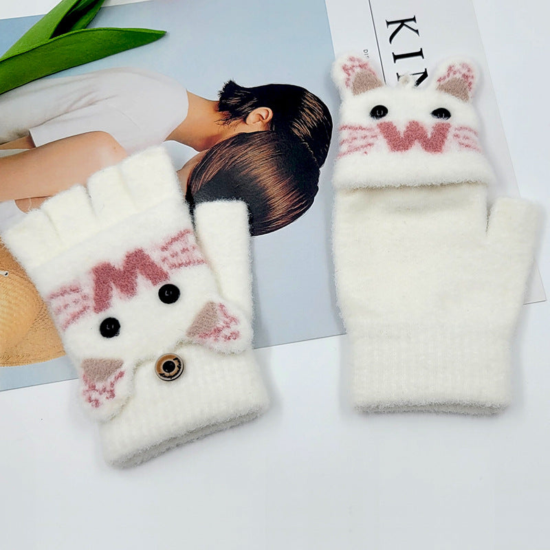 Women's Warm Half Finger Flip Writing Cute Gloves