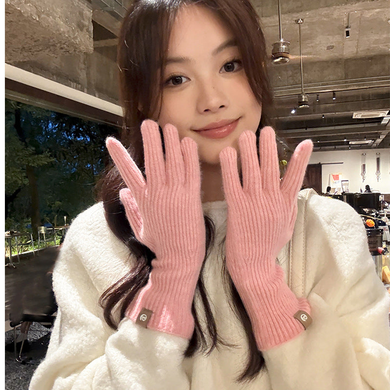 Women's Pink Touchable Screen Finger Winter Knitted Wool Five-finger Gloves