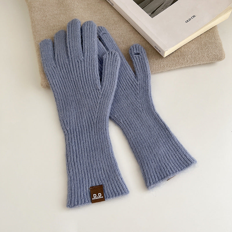 Women's Solid Color Long Thickened Warm Finger Gloves