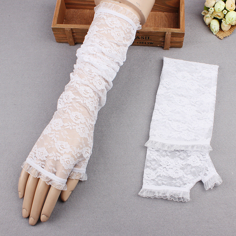 Women's Lace Long Sleeves Pierced Black Sexy Mesh Dinner Gloves