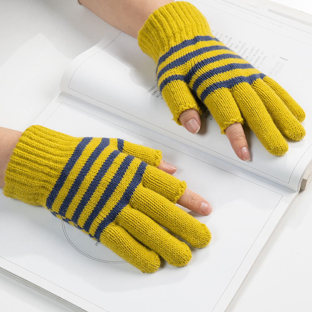 Women's & Men's Fingers Touch Screen Striped Knitted Knitting Gloves