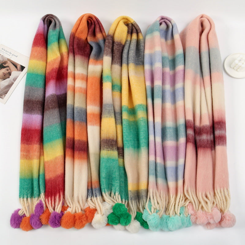 Women's Thickened Hanging Ball Plush Dopamine Color Striped Scarfs