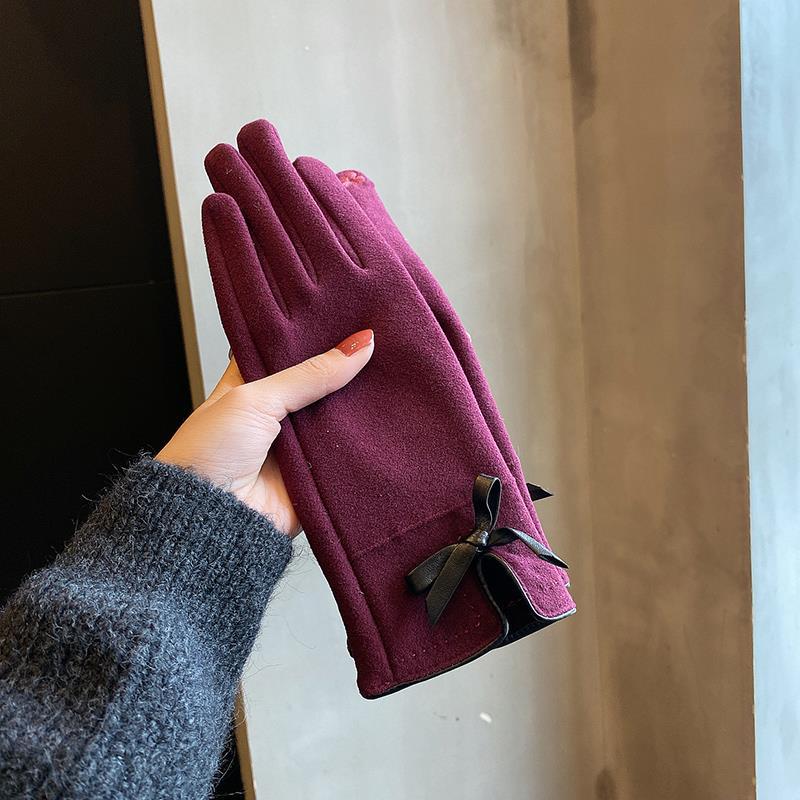 Women's Korean Cute Bow Fleece-lined Thickened Electric Car Gloves