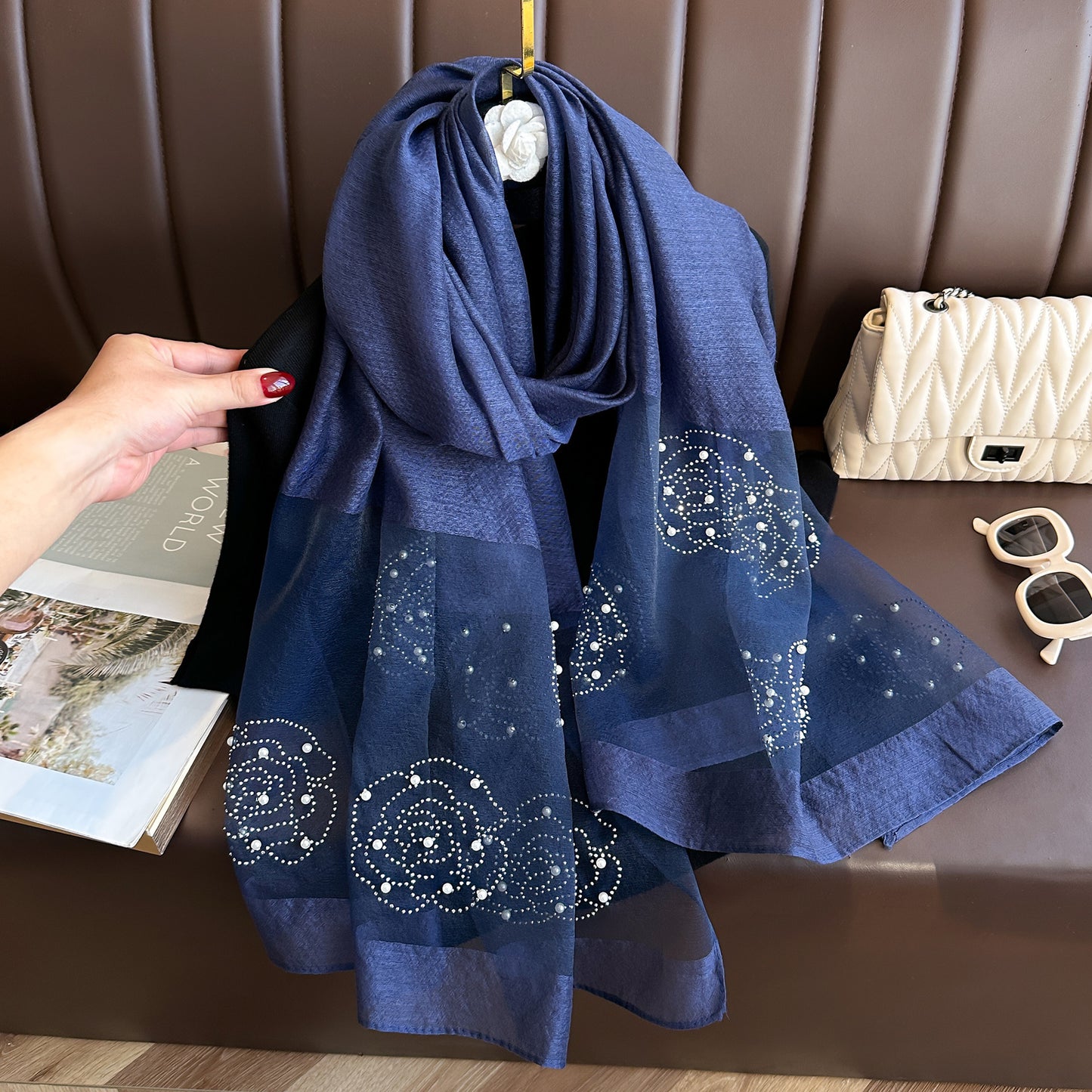 Women's Solid Color Rhinestone Rose Pearl Long Sunscreen Scarfs