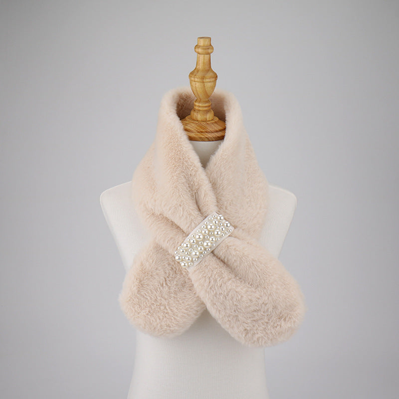 Women's Rex Rabbit Fur Thick Warm Cross Pearl Scarfs