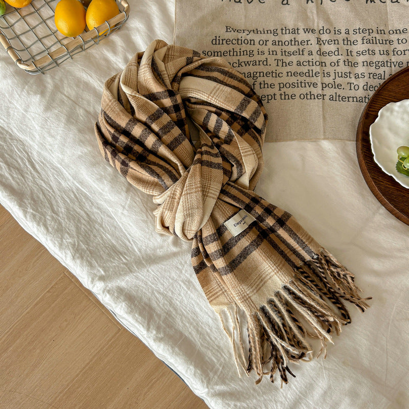 Soft Glutinous Plaid Tassel Female Korean Versatile Widen Thicken Scarfs