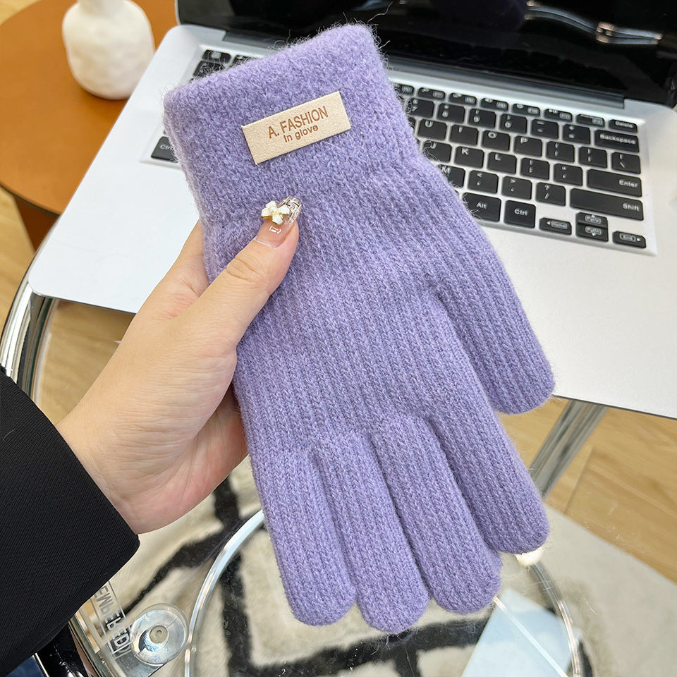 Women's Knitted Knitting Wool Winter Cold Protection Thickening Fleece-lined Candy Gloves