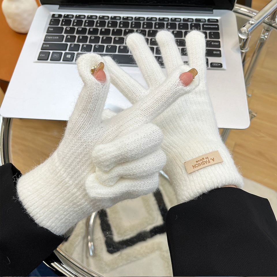 Women's Knitted Knitting Wool Winter Cold Protection Thickening Fleece-lined Candy Gloves