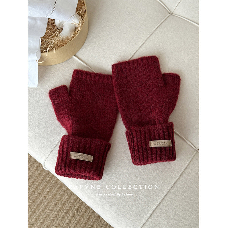 Women's Color Knitted Half Finger Knitting Touch Gloves