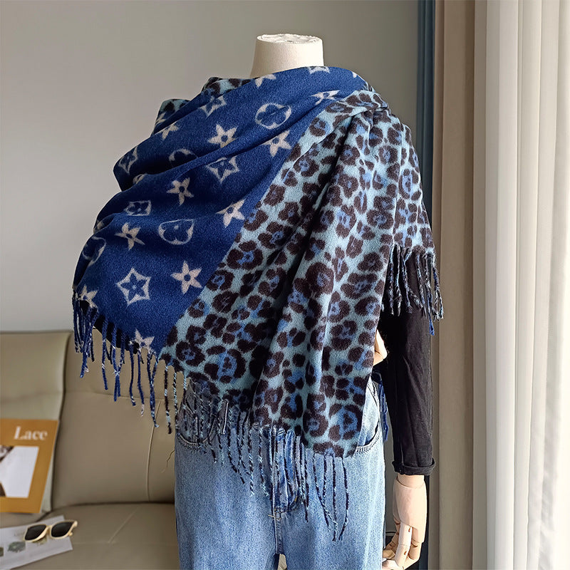 Women's Leopard Print Thickened Cashmere Tassel Shawl Scarfs