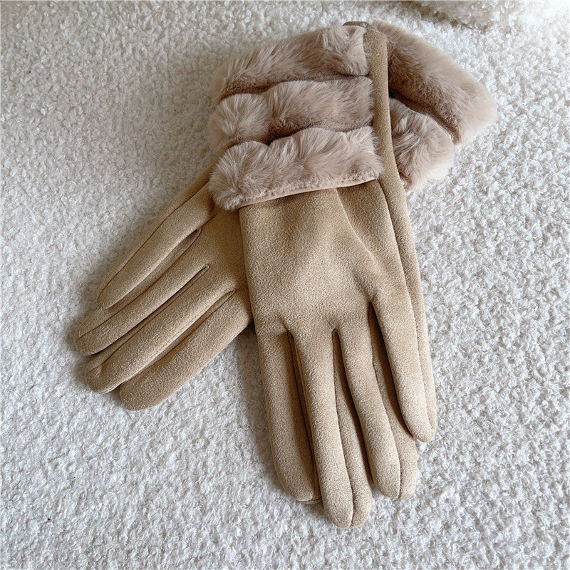 Women's Warm Suede Coffee Fur Buckle Caramel Thickened Veet Cold Gloves