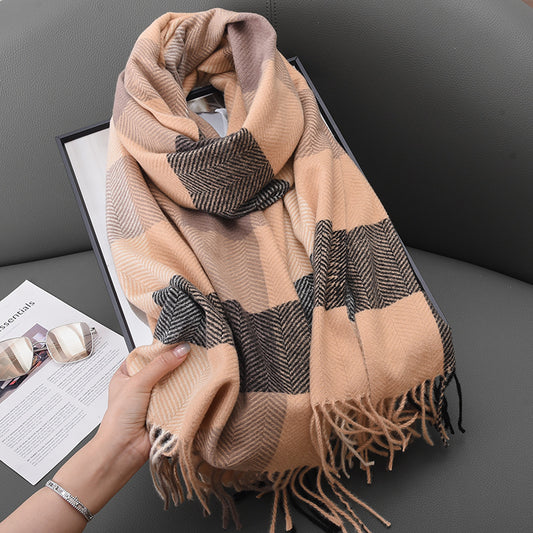 Women's Fashionable Corrugated Plaid Warm British Tassel Scarfs