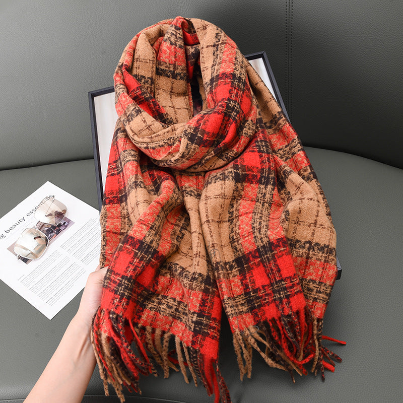 Women's Thick Checks Warm White Soft Tassel Scarfs