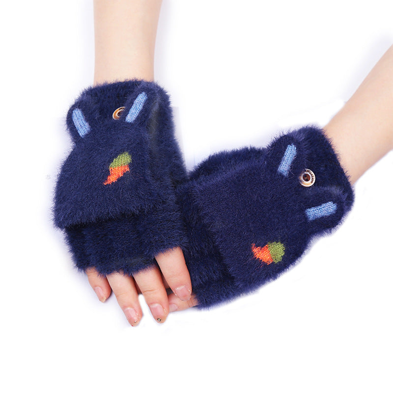 Women's Warm Half Finger Flip Writing Cute Gloves