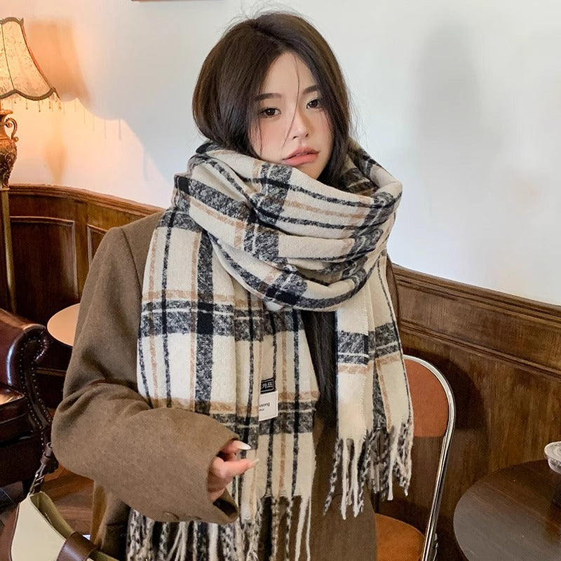 Women's White Plaid High-grade Shawl Tassel Thickened Scarfs