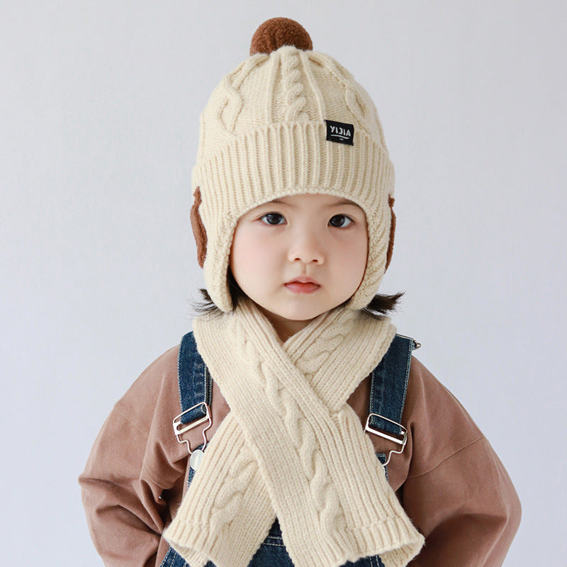 Children's Two-piece Set Cute Bear Boy Winter Warm Cotton Kids' Headwear