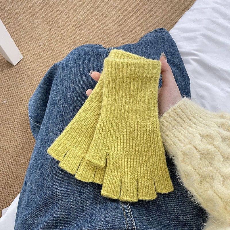 Solid Color Knitted Finger Half Warm Cute Gloves