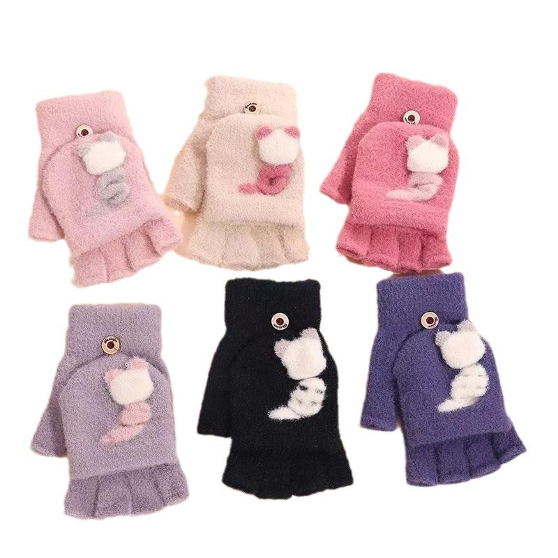 Women's Riding Fleece-lined Thick Windproof Cat Plush Gloves