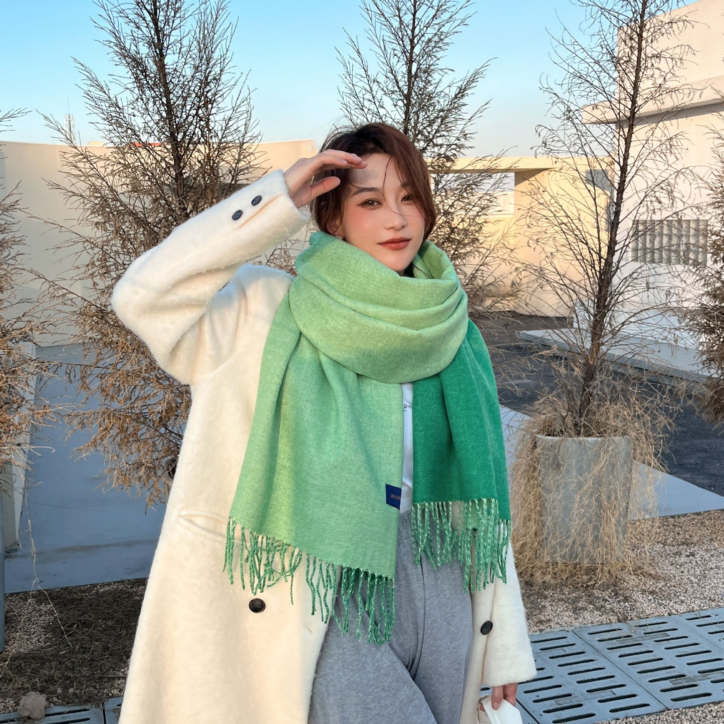 Women's Solid Color Tassel Satine Double-sided Shawl Scarfs