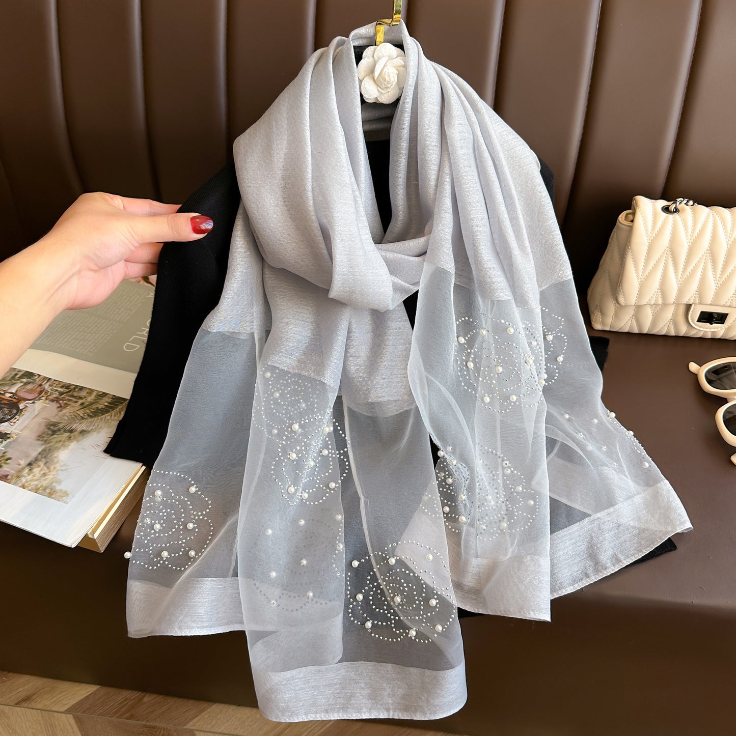 Women's Solid Color Rhinestone Rose Pearl Long Sunscreen Scarfs