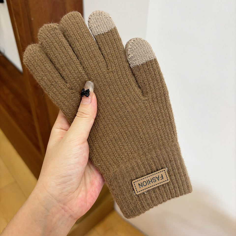 Women's Knitted Knitting Wool Winter Cold Protection Thickening Fleece-lined Candy Gloves