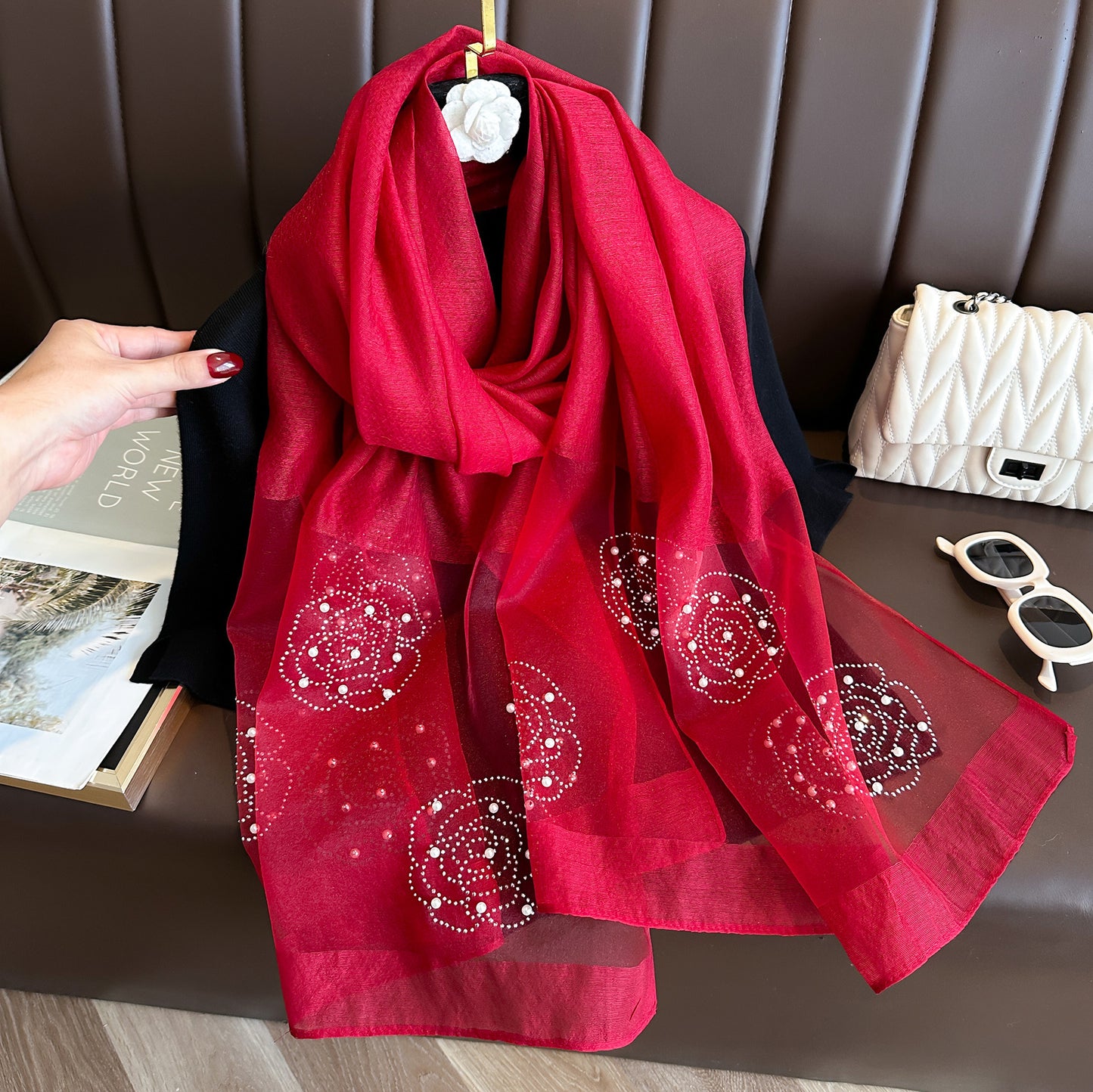 Women's Solid Color Rhinestone Rose Pearl Long Sunscreen Scarfs