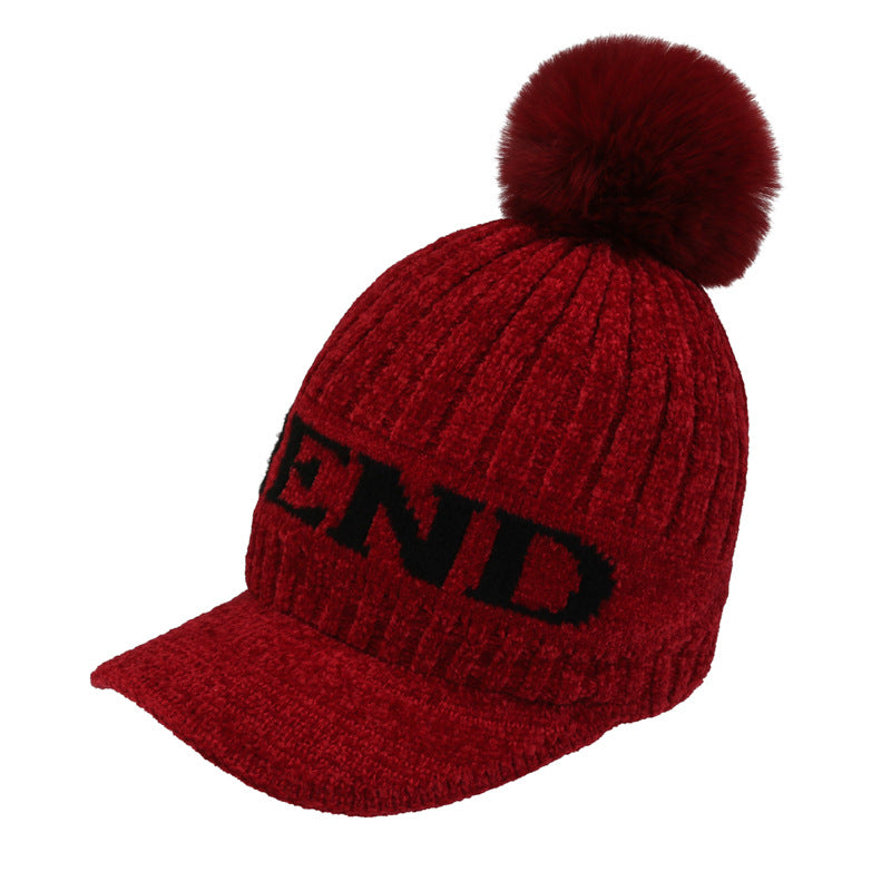 Women's Knitted Woolen Winter Thickening Fur Ball Hats & Caps