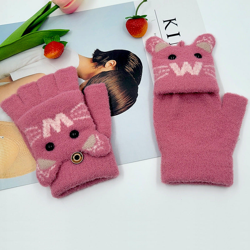 Women's Warm Half Finger Flip Writing Cute Gloves