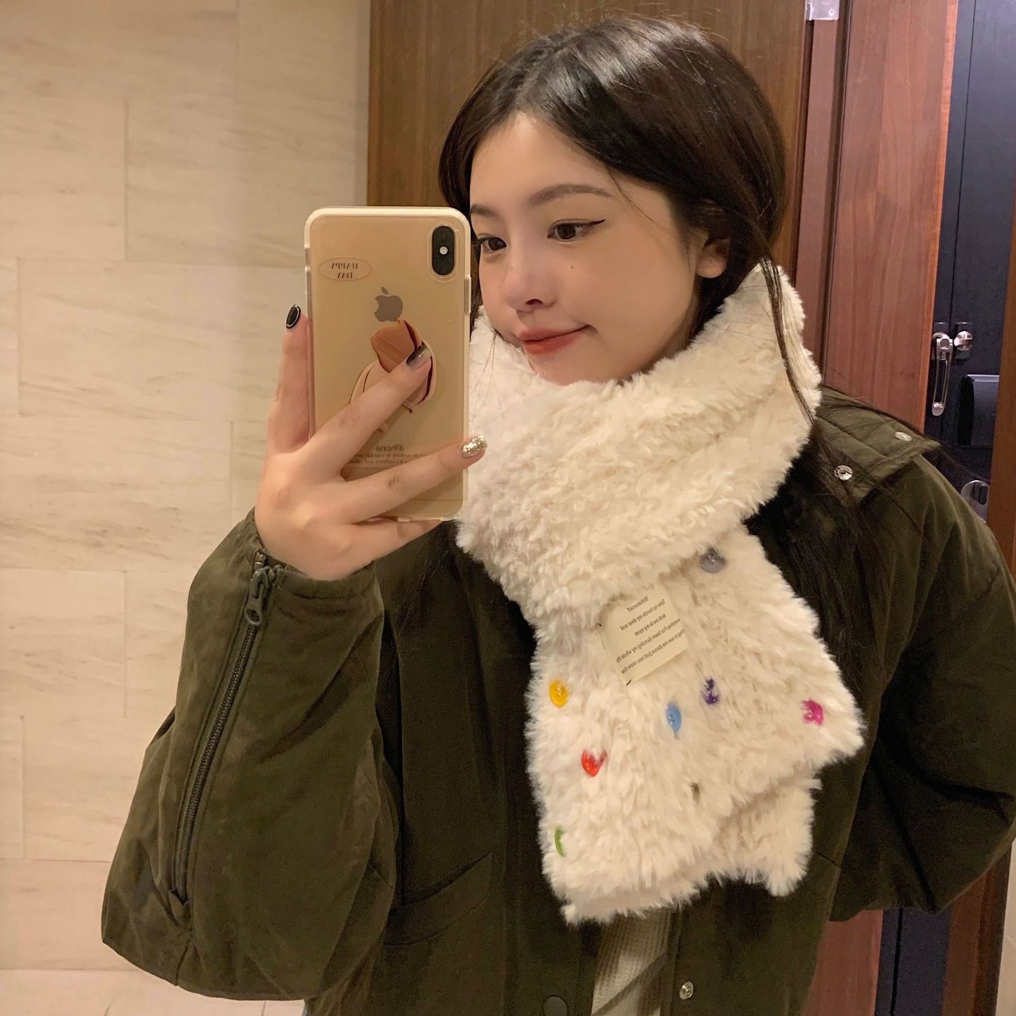 Women's Hu Korean Style Fashion Button Plush Warm Thickened Scarfs