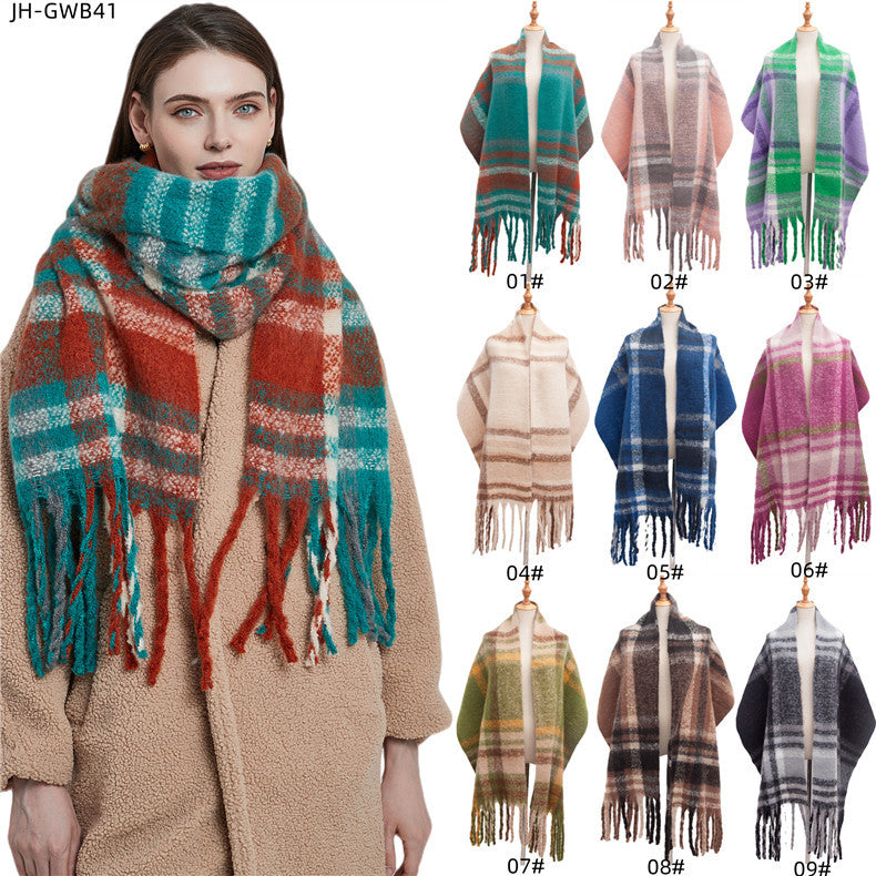 Women's Round Yarn Thickened Thick Tassel Plaid Scarfs