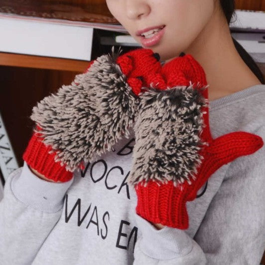 Women's Full Finger Cartoon Hedgehog Winter Korean Gloves