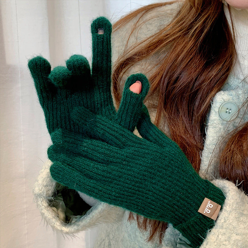 Women's Solid Color Long Thickened Warm Finger Gloves