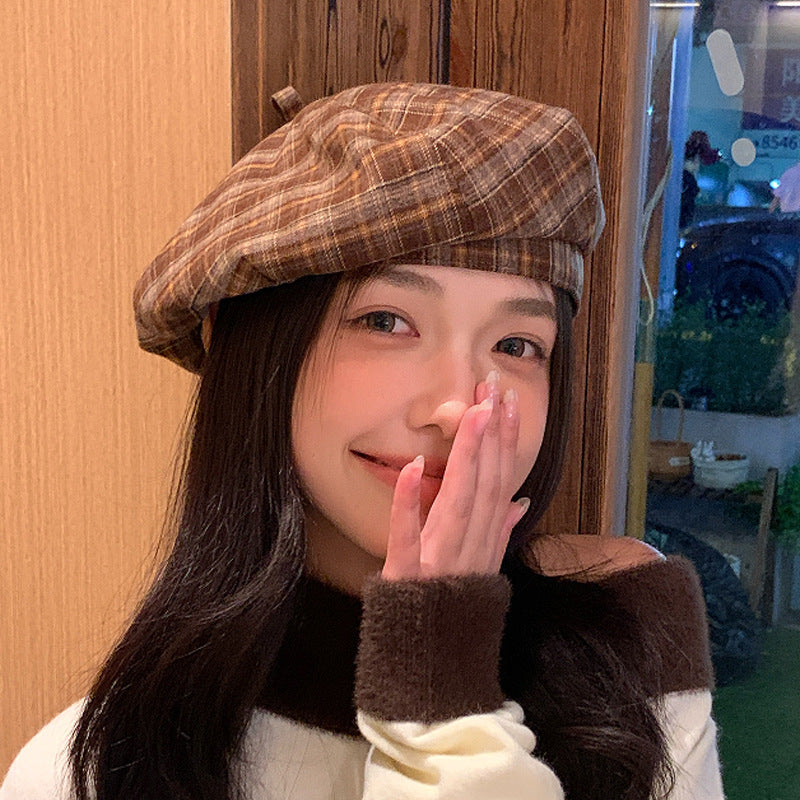 Women's Checked Beret Temperament Wild Little Korean Hats & Caps